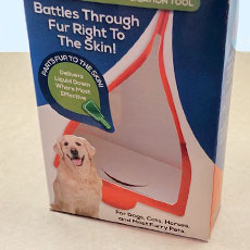 Blue and white box that reads "battles through fur right to the skin" and shows a dog.
