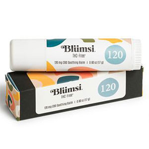 White lip balm over its white and dark rectangular box that reads "Blumsi".
