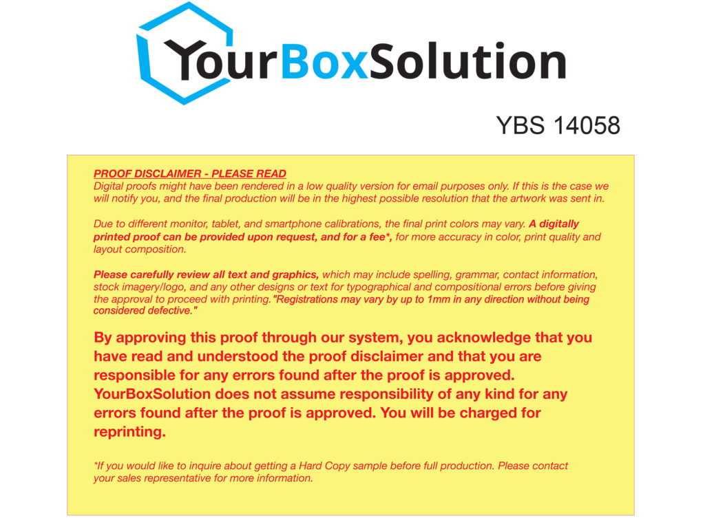 "YourBoxSolution" and a long text representing the proof disclaimer.