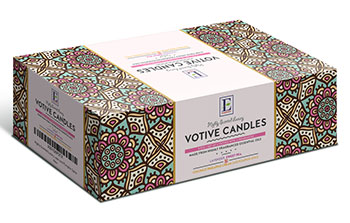 Colorful and richly designed box with white label that reads "Votive Candles".