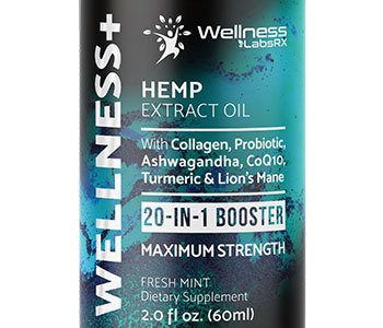 Dark blue label of CBD that reads "Wellness+" and shows ingredients.
