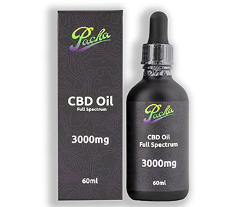 Black rectangular box that reads "Pacha CBD Oil" and a glass container with the same inscriptions.