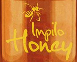 A yellow bee and "Impilo Honey" typed on a brown background.