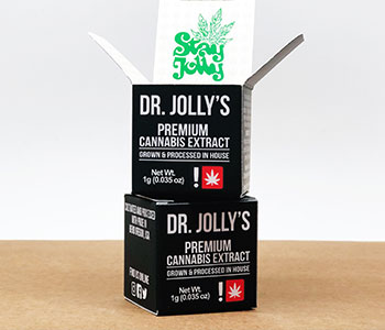 Two black square boxes that read "Dr. Jolly's Premium Cannabis Extract".