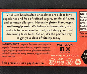 Red label with details, instructions, and ingredients of a CBD chocolate from Vital Leaf.