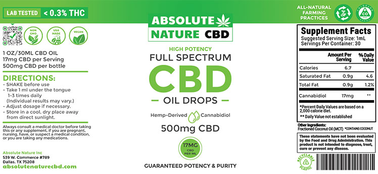 A white and green label displaying the instructions, details, and ingredients of a CBD product.