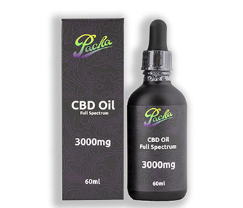 A black box of CBD oil and a glass container with the product.
