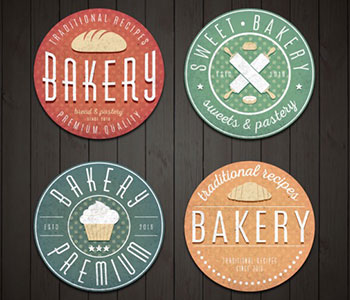 Four different labels in red, green, blue, and orange that read "Bakery".