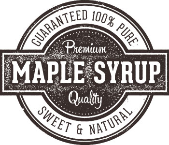 Dark and white round logo that reads "Premium Maple Syrup Quality".