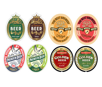 Various label designs with multiple colors for a beer brand.