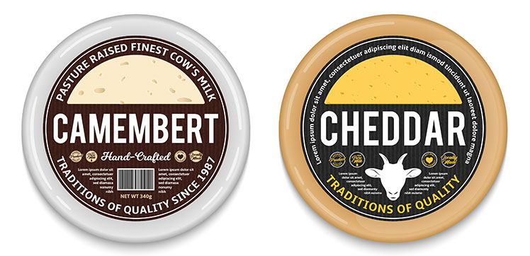 Two rolls of cheese with dark colored labels that read "Camembert" and "Cheddar".