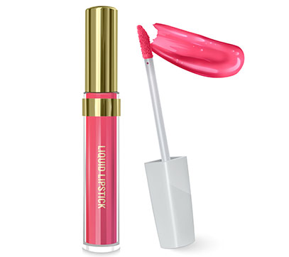 A pink container with golden lid and a small white brush with lipstick.
