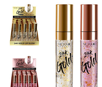 Two gold and pink lip glosses with a label that says "24k Gold".