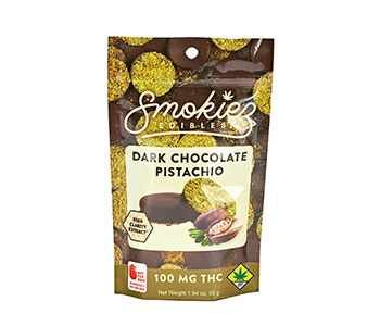 Brown and yellow packaging bag showing dark chocolate pistachio.