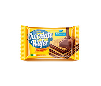 Yellow packaging of cookie that reads "Chocolate Wafer" and displays chocolate dripping on a wafer.