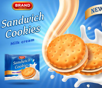 A blue cookie label displaying vanilla cream and "Sandwich Cookies".