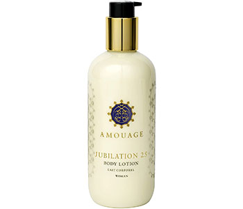 A white lotion container with a pump lid and a logo that reads "Amouage".