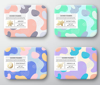 Four packages designed in a colorful camouflage-like way.