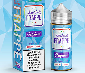 Blue box and container from Juice Man's Frappe and a warning that the product contains nicotine.