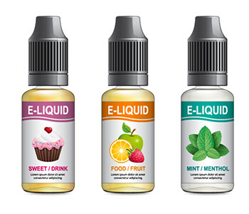 Three small containers of e-liquid with black lids and various label colors.