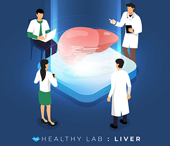 A drawing of four scientists looking at a hologram of a liver.