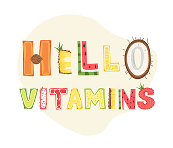 Cartooned logo designed from fruits that read "Hello Vitamins".