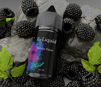 A black E-Liquid container with berries surrounding it.