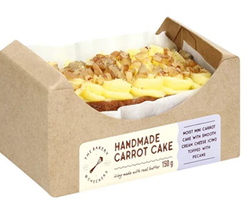 A display paper box containing a carrot cake.