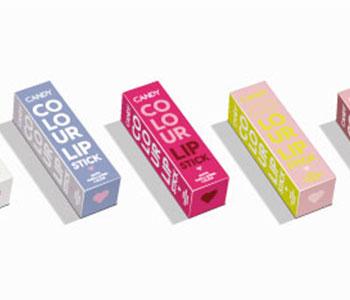 Rectangular lipstick packs in blue, red, and beige colors.