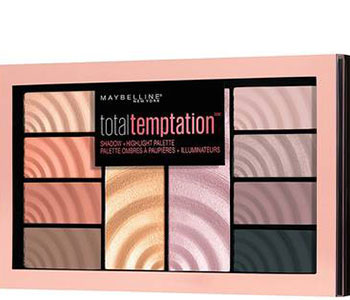 A pink box with different colors for eye shadow makeup that reads "Total temptation".