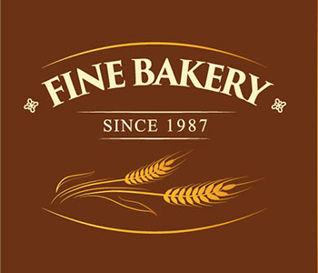 "Fine Bakery" logo on a brown background and showing the design of wheat.