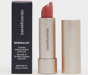 Black box and white lipstick product that read "bareMinerals".