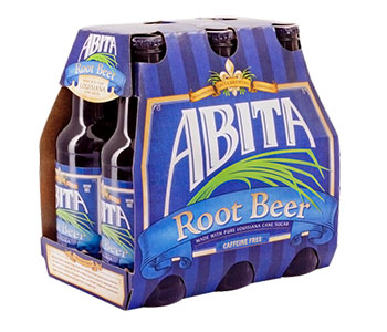 A six-pack of blue "Abita" root beer.