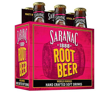A pink box of bottles which label reads "Saranac Root Beer".