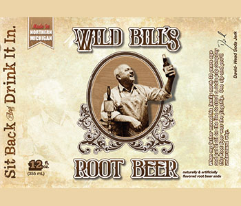 Beige label with logo showing a man holding beer that reads "Wild Bill's Root Beer".