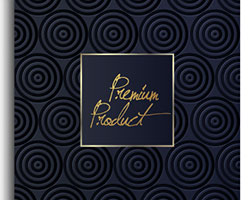 Black circle design and a label with golden inscriptions.