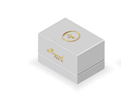 A white box with golden labels and inscriptions.