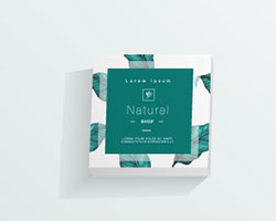 White box with dark green label and leaves design.