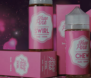 Multiple pink boxes and containers of e-liquid.
