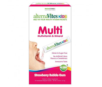 A rectangular white box with pink accents showing a kid ingesting a multivitamin powder.