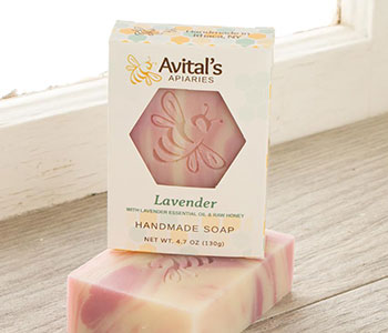 A white package for a lavender soap from Avital's Apiaries.