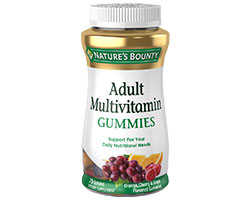 A plastic bottle with a white label that reads "Adult Multivitamin Gummies".