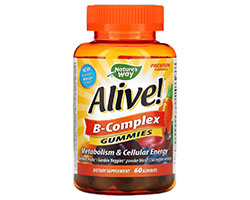 An orange plastic container with a yellow label that reads "Alive B Complex".