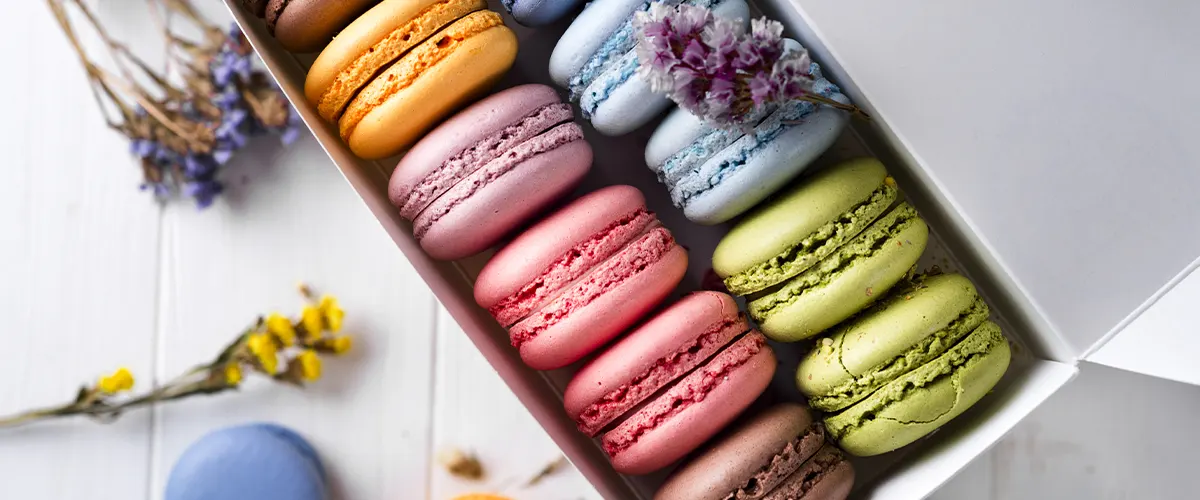 colorful macarons in box